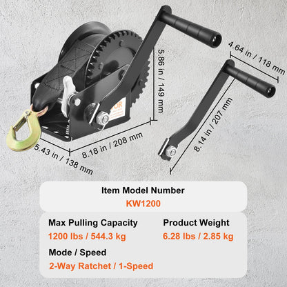 Manual Hand Winch with 7 m Strap, 544 kg Capacity for Boat/Trailer Towing
