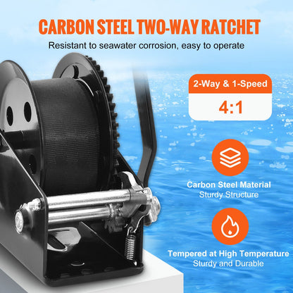Heavy Duty Hand Winch, 725 kg Capacity, 10 m Strap, for Boat/Trailer/ATV