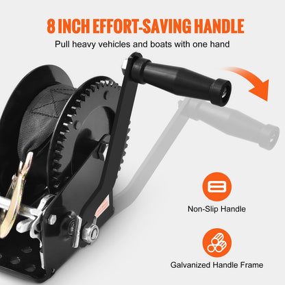 Heavy Duty Hand Winch, 725 kg Capacity, 10 m Strap, for Boat/Trailer/ATV