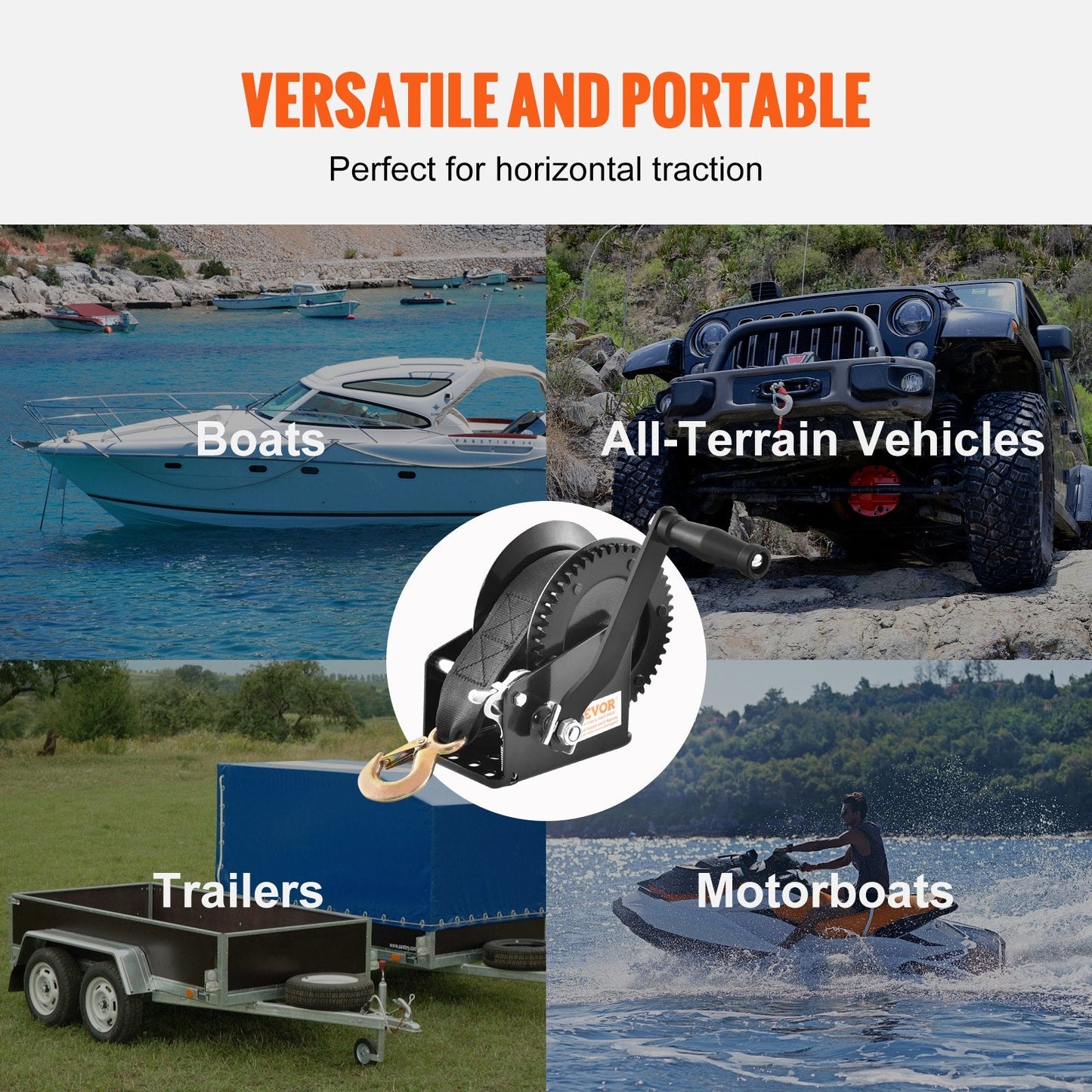 Heavy Duty Hand Winch, 725 kg Capacity, 10 m Strap, for Boat/Trailer/ATV