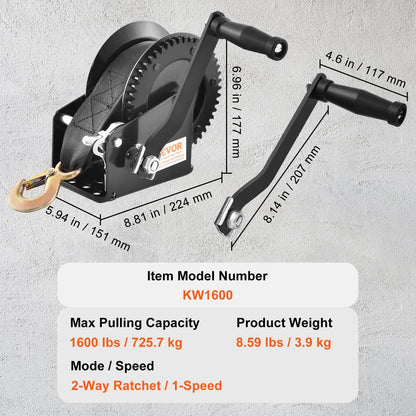 Heavy Duty Hand Winch, 725 kg Capacity, 10 m Strap, for Boat/Trailer/ATV