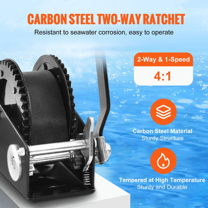 Manual Hand Winch, 907 kg Capacity, 7 m Strap, Two-Way Ratchet for Towing
