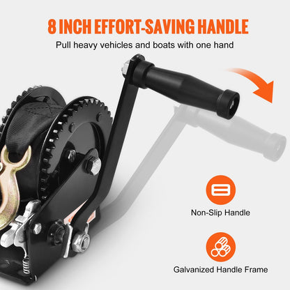 Manual Hand Winch, 907 kg Capacity, 7 m Strap, Two-Way Ratchet for Towing