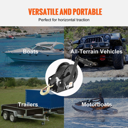 Manual Hand Winch, 907 kg Capacity, 7 m Strap, Two-Way Ratchet for Towing