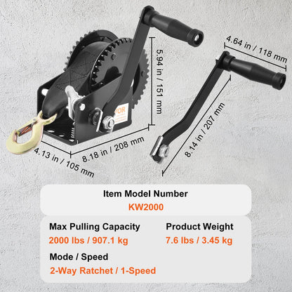 Manual Hand Winch, 907 kg Capacity, 7 m Strap, Two-Way Ratchet for Towing