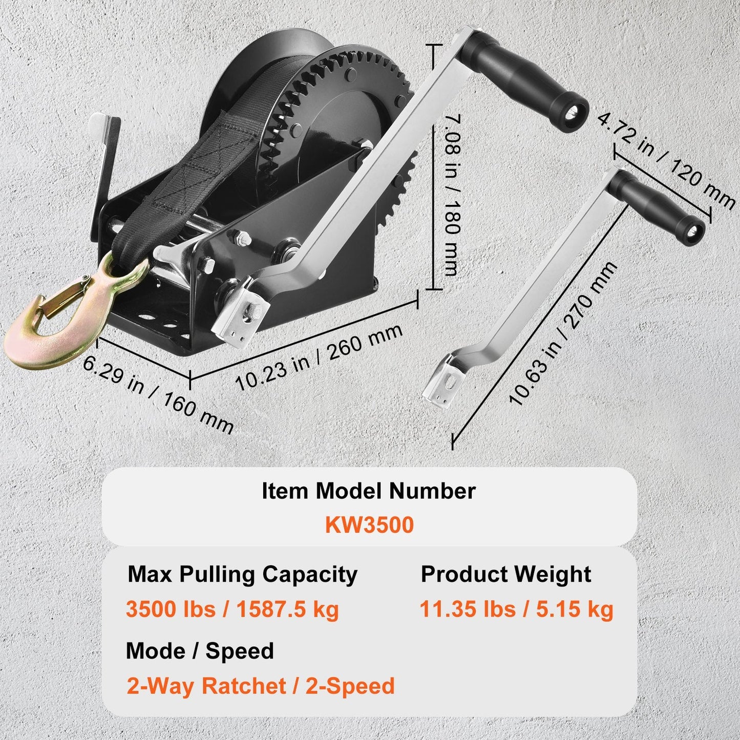 Heavy Duty Hand Winch with 1587.5 kg Capacity and 10 m Polyester Strap