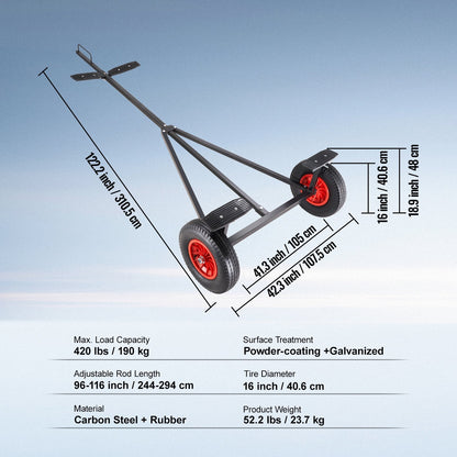 Adjustable Carbon Steel Boat Trailer Dolly, 190 kg Capacity, 2.44-2.94 m Length