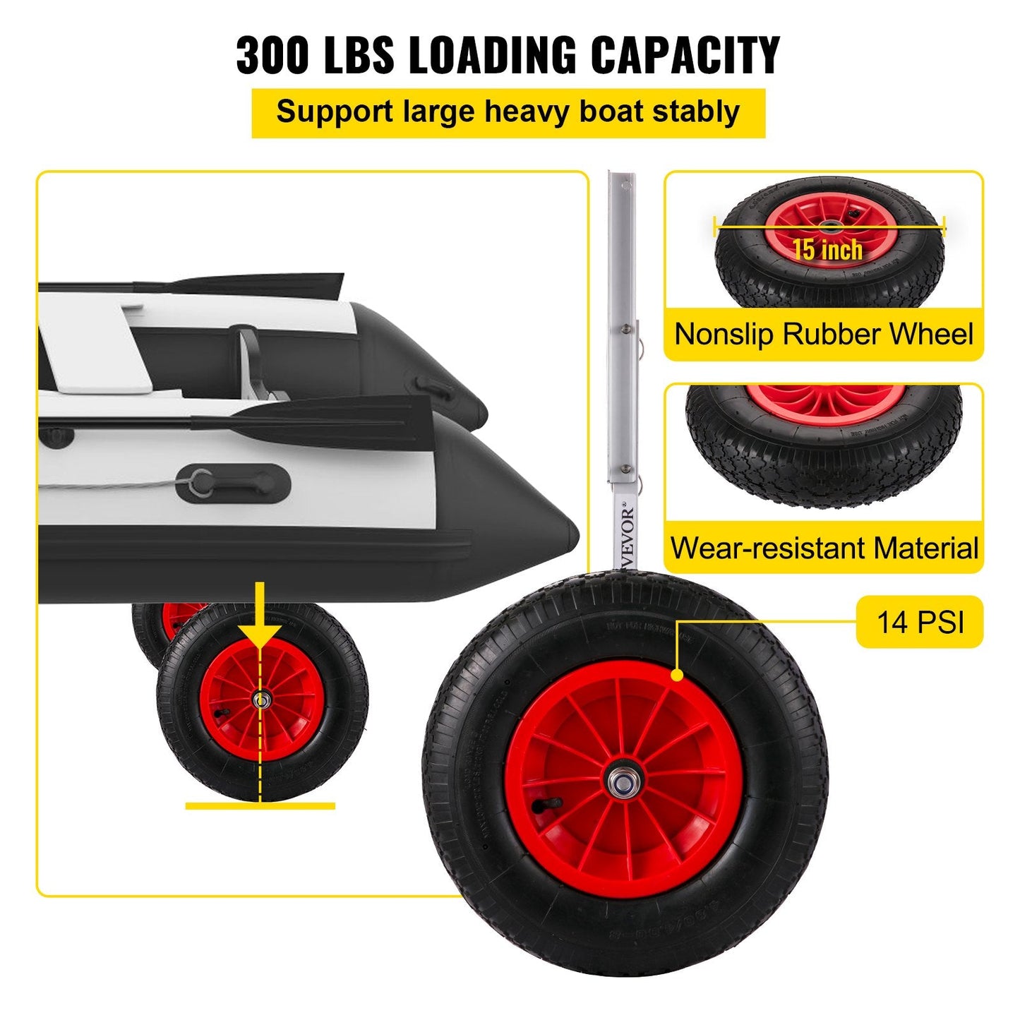 Inflatable Boat Launch Wheels with 136 kg Capacity and 0.38 m Rubber Tires