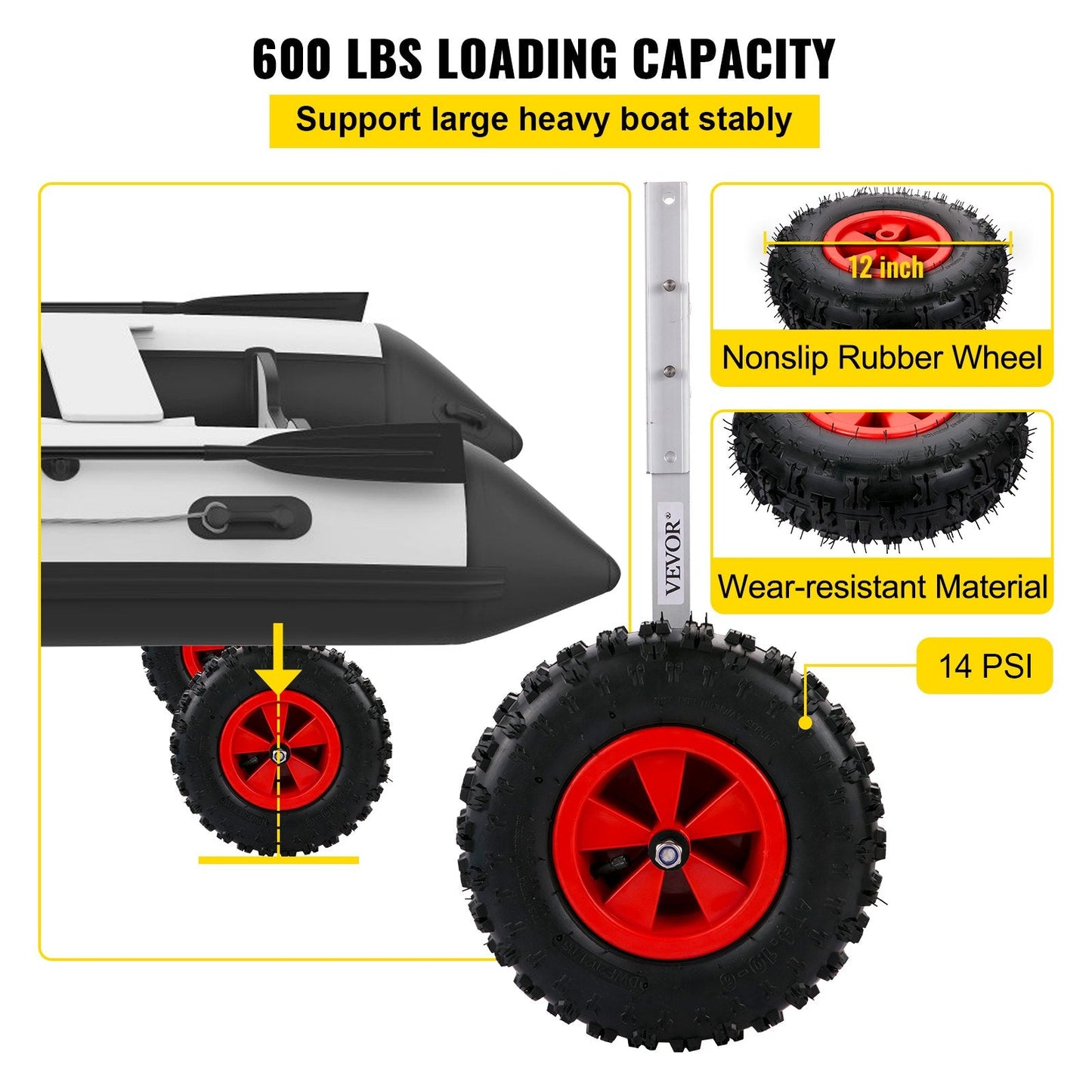 Inflatable Boat Launch Wheels with 32 cm Rubber Tires, 272 kg Capacity