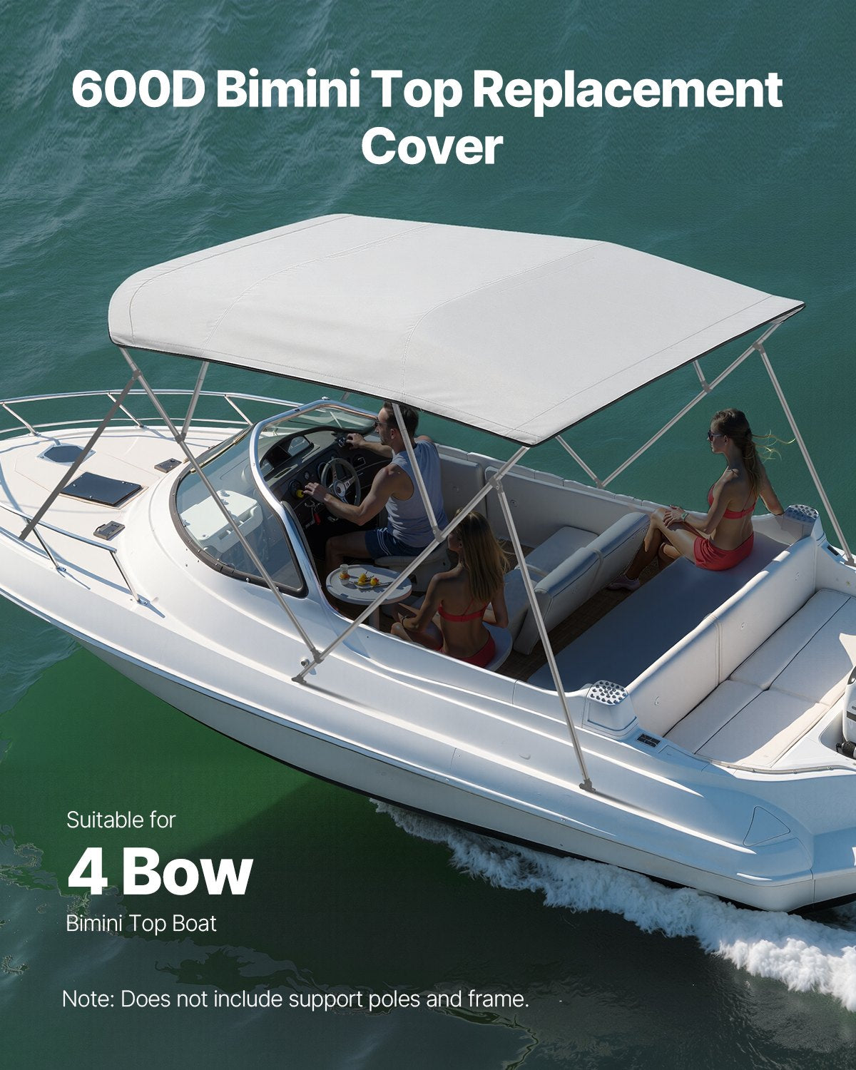 4 Bow Bimini Top Replacement Cover, 2440 mm Long, Durable 600D Marine Grade Waterproof Sun Shade Boat Canopy with Storage Boot, Easy Install Zipper Sleeve Awning, 2464-2616 mm W, Gray (No Frame)