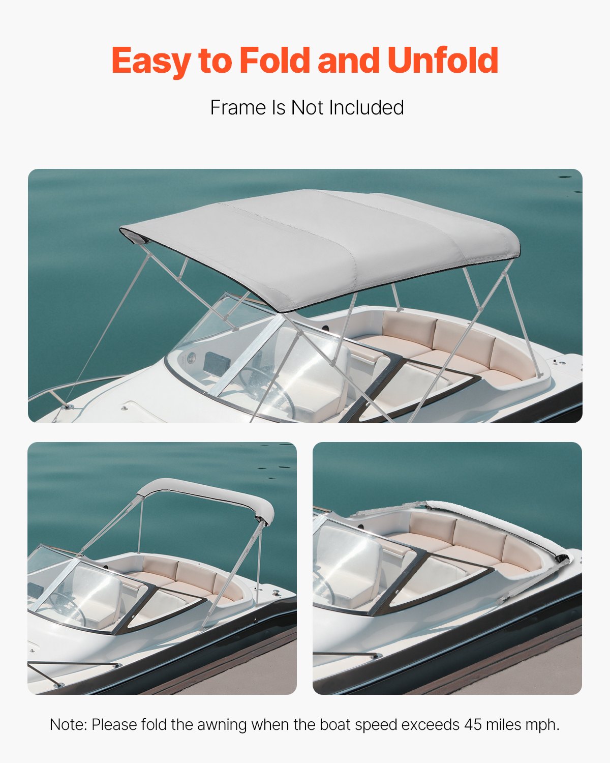 4 Bow Bimini Top Replacement Cover, 2440 mm Long, Durable 600D Marine Grade Waterproof Sun Shade Boat Canopy with Storage Boot, Easy Install Zipper Sleeve Awning, 2464-2616 mm W, Gray (No Frame)