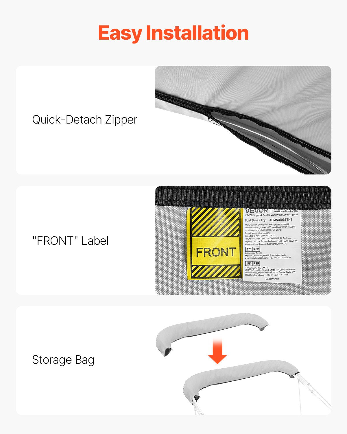 4 Bow Bimini Top Replacement Cover, 2440 mm Long, Durable 600D Marine Grade Waterproof Sun Shade Boat Canopy with Storage Boot, Easy Install Zipper Sleeve Awning, 2464-2616 mm W, Gray (No Frame)