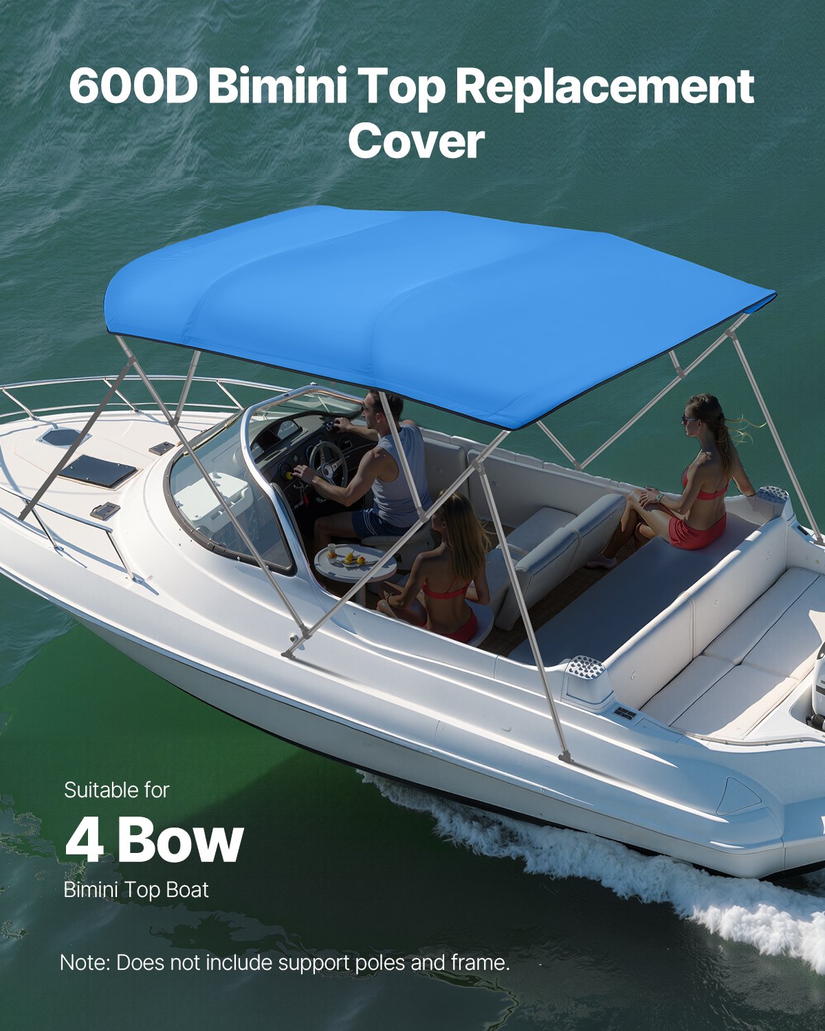 4 Bow Bimini Top Replacement Cover, 2440 mm Long, Durable 600D Marine Grade Waterproof Sun Shade Boat Canopy with Storage Boot, Easy Install Zipper Sleeve Awning, 2311-2440 mm W, Blue (No Frame)
