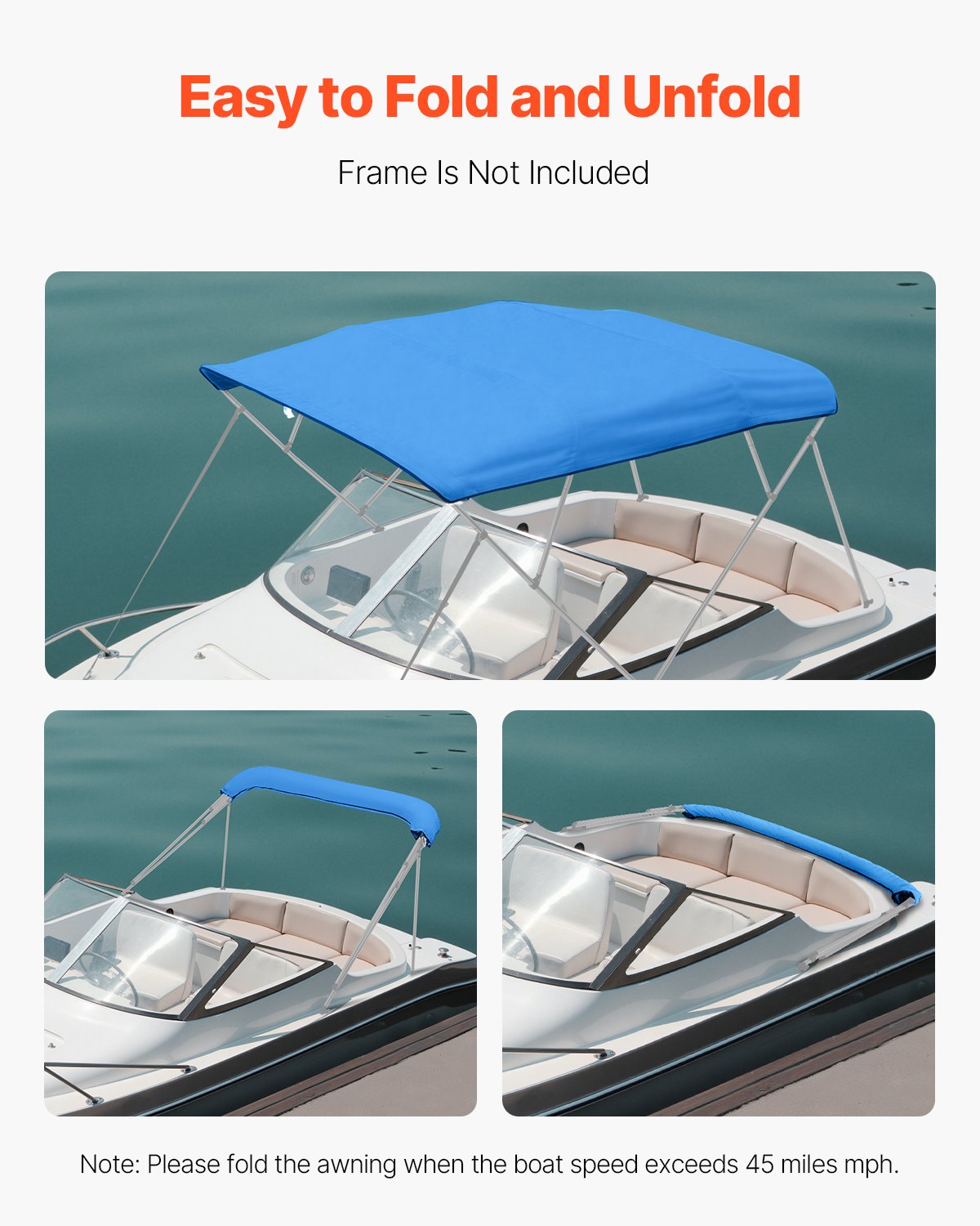 4 Bow Bimini Top Replacement Cover, 2440 mm Long, Durable 600D Marine Grade Waterproof Sun Shade Boat Canopy with Storage Boot, Easy Install Zipper Sleeve Awning, 2311-2440 mm W, Blue (No Frame)