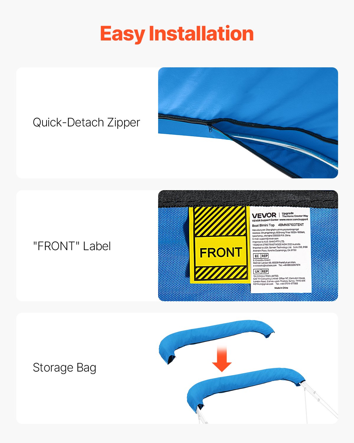 4 Bow Bimini Top Replacement Cover, 2440 mm Long, Durable 600D Marine Grade Waterproof Sun Shade Boat Canopy with Storage Boot, Easy Install Zipper Sleeve Awning, 2311-2440 mm W, Blue (No Frame)