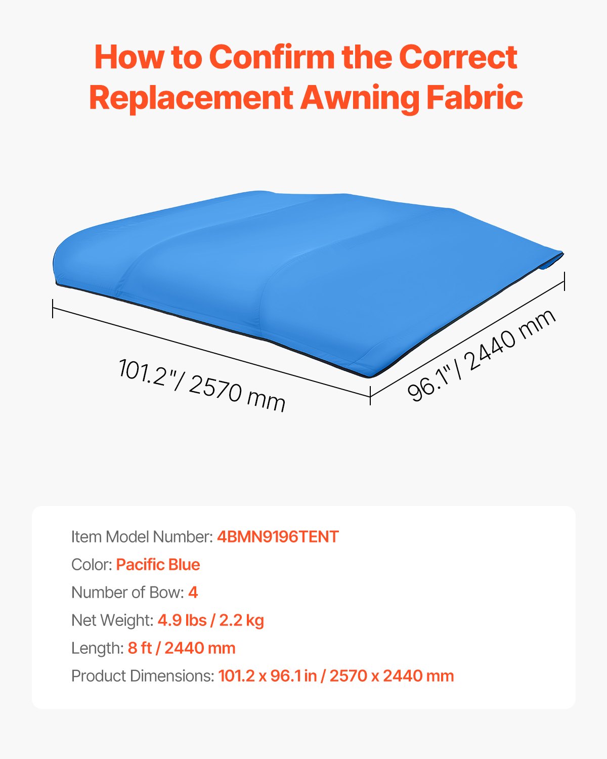 4 Bow Bimini Top Replacement Cover, 2440 mm Long, Durable 600D Marine Grade Waterproof Sun Shade Boat Canopy with Storage Boot, Easy Install Zipper Sleeve Awning, 2311-2440 mm W, Blue (No Frame)