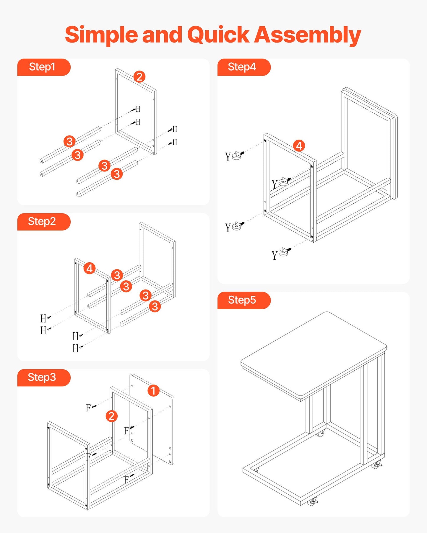 C Table, C Shaped Sofa Side Table with Metal Frame Rolling Casters, Portable C Shaped End Stand for Living Room Bedroom Office, 19.69 x 13.78 x 23.82 inches Laptop Side Tables, Brown and Black