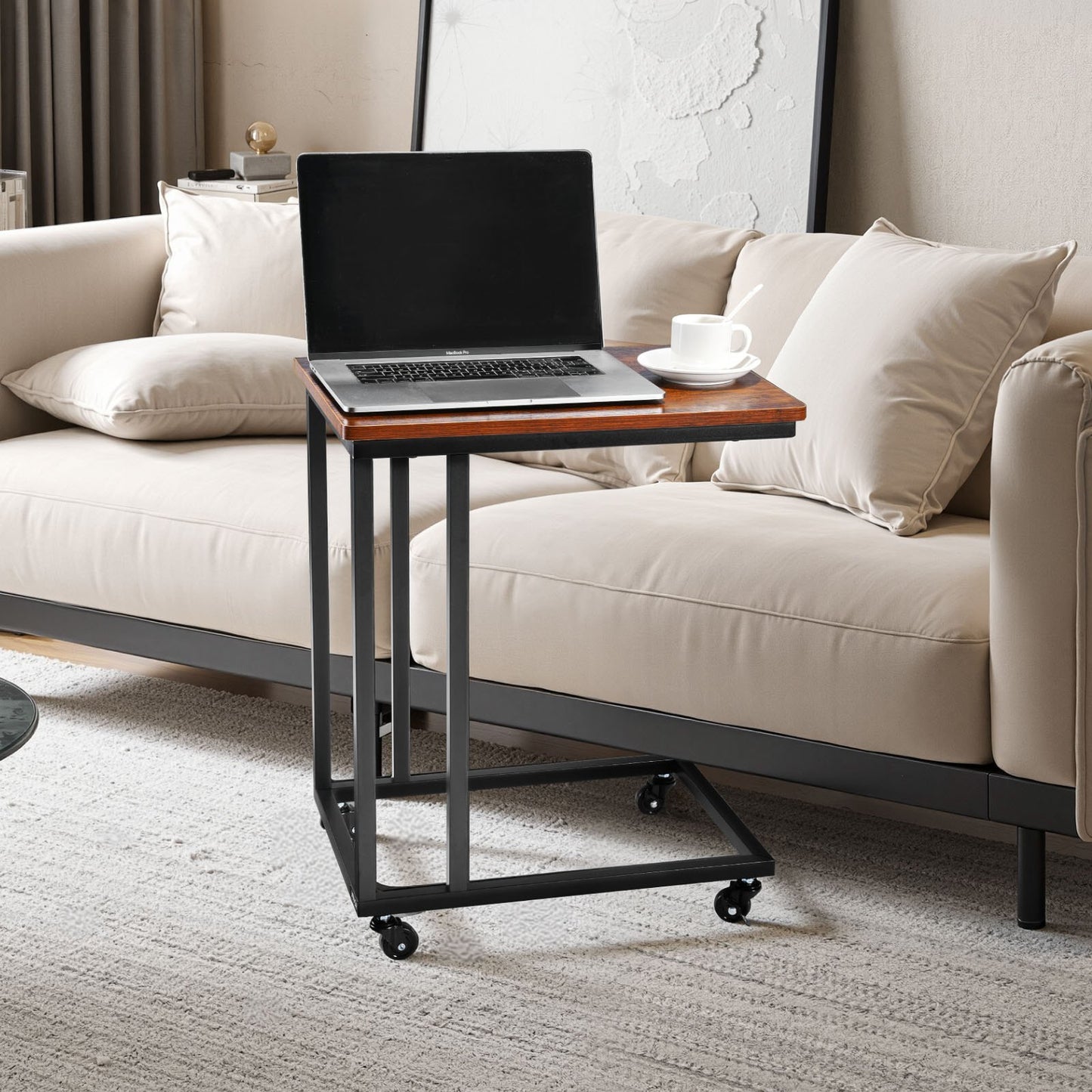 C Table, C Shaped Sofa Side Table with Metal Frame Rolling Casters, Portable C Shaped End Stand for Living Room Bedroom Office, 19.69 x 13.78 x 23.82 inches Laptop Side Tables, Brown and Black