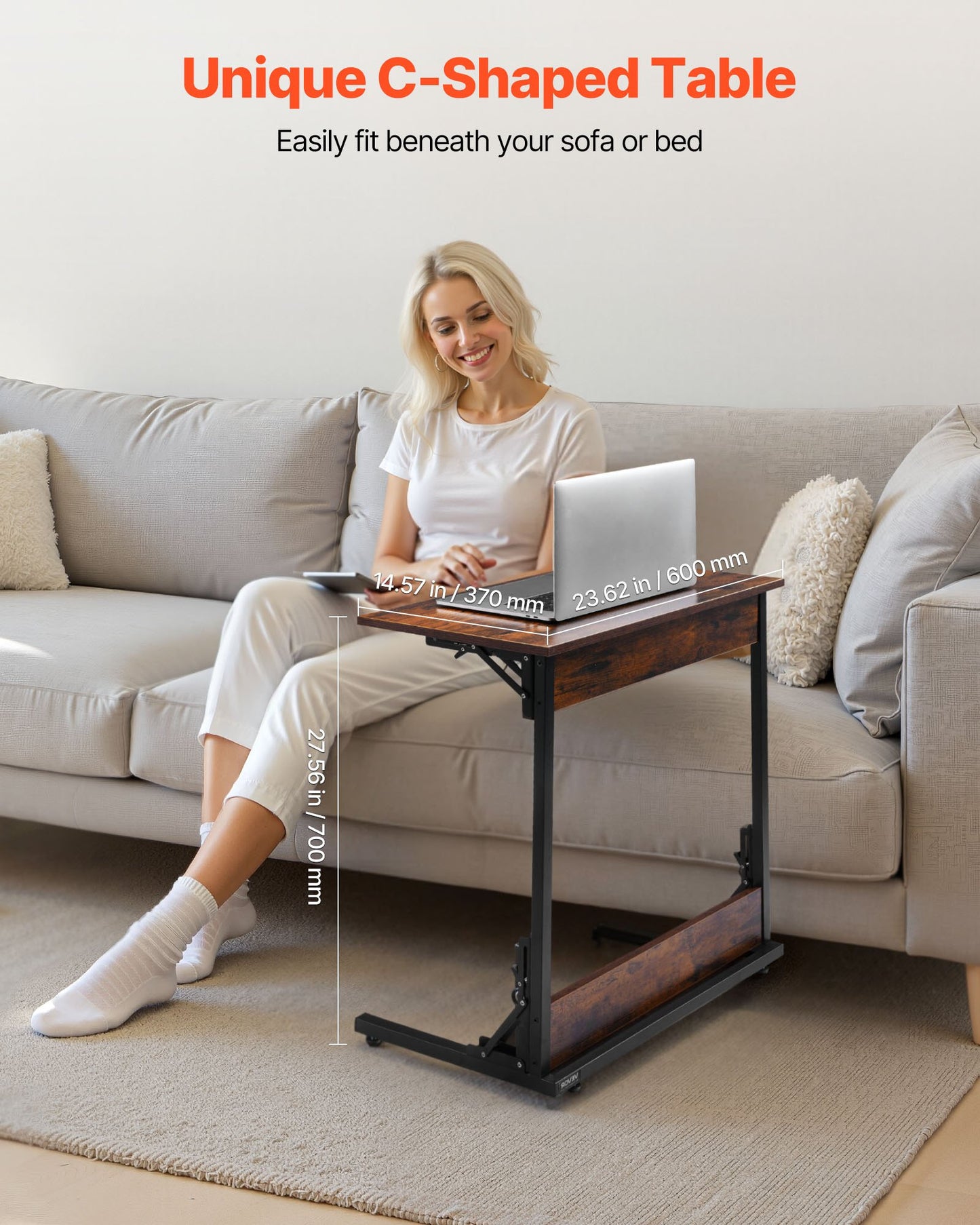 C Table, Folding C Shaped End Table with Metal Frame & Adjustable Feet, Foldable C Shaped Side Table for Living Room Bedroom Office, 23.62 x 14.57 x 27.56 inch C Shaped TV Tray, Brown and Black