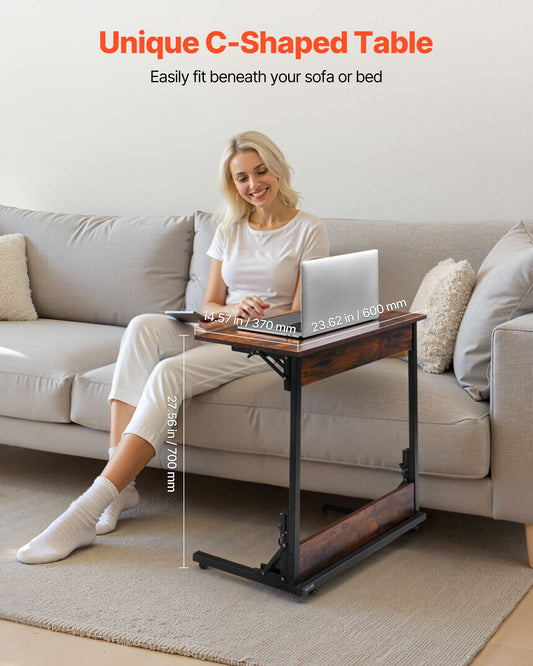 C Table, Folding C Shaped End Table with Metal Frame & Adjustable Feet, Foldable C Shaped Side Table for Living Room Bedroom Office, 23.62 x 14.57 x 27.56 inch C Shaped TV Tray, Brown and Black