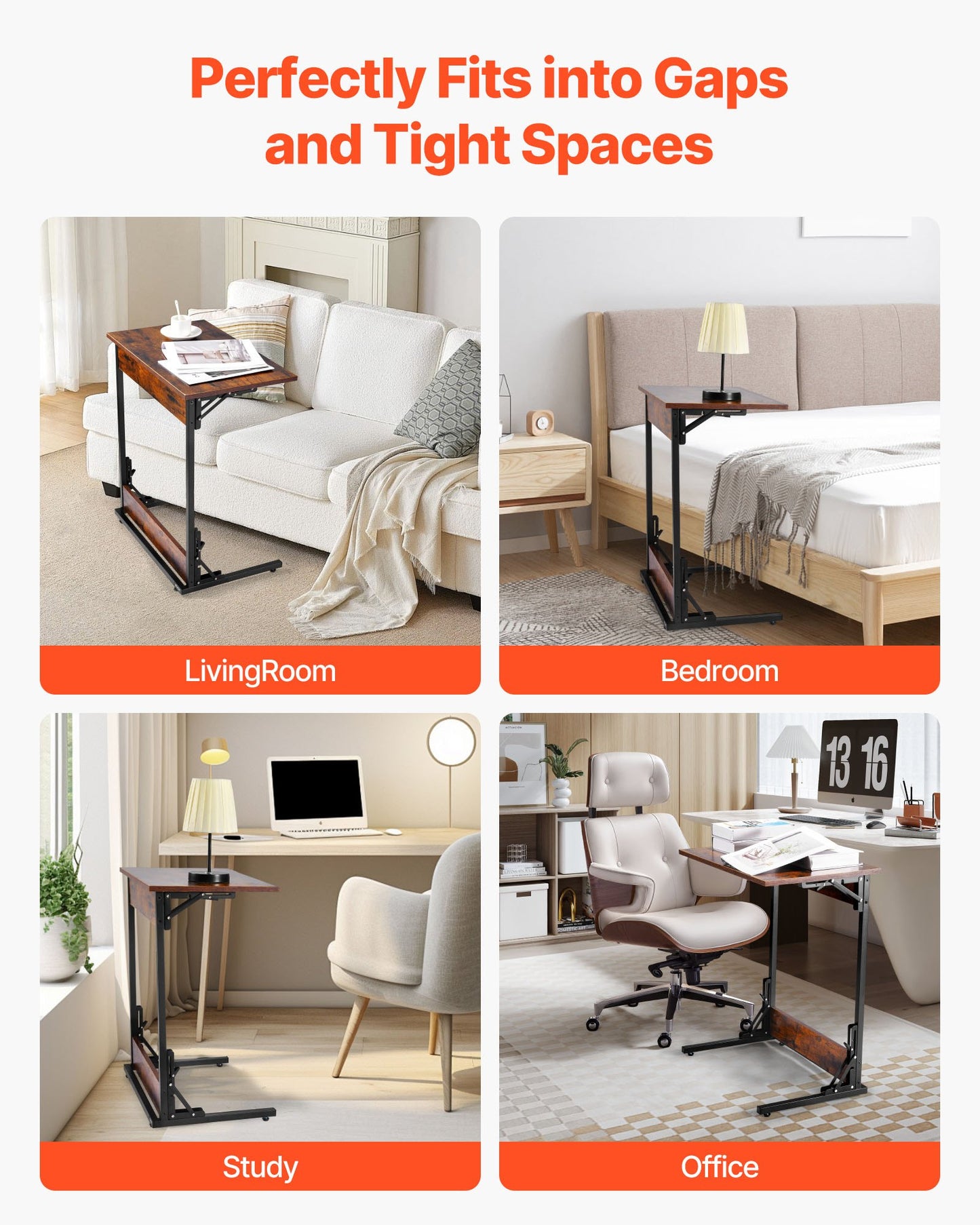 C Table, Folding C Shaped End Table with Metal Frame & Adjustable Feet, Foldable C Shaped Side Table for Living Room Bedroom Office, 23.62 x 14.57 x 27.56 inch C Shaped TV Tray, Brown and Black