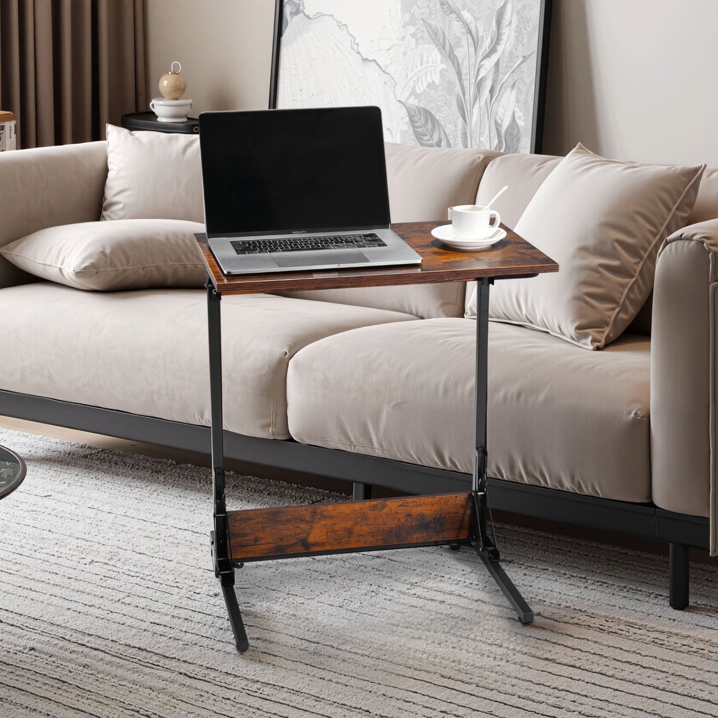 C Table, Folding C Shaped End Table with Metal Frame & Adjustable Feet, Foldable C Shaped Side Table for Living Room Bedroom Office, 23.62 x 14.57 x 27.56 inch C Shaped TV Tray, Brown and Black