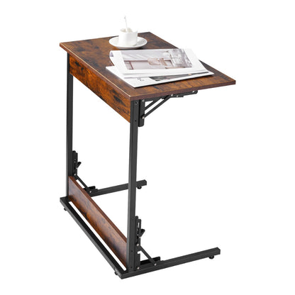 C Table, Folding C Shaped End Table with Metal Frame & Adjustable Feet, Foldable C Shaped Side Table for Living Room Bedroom Office, 23.62 x 14.57 x 27.56 inch C Shaped TV Tray, Brown and Black
