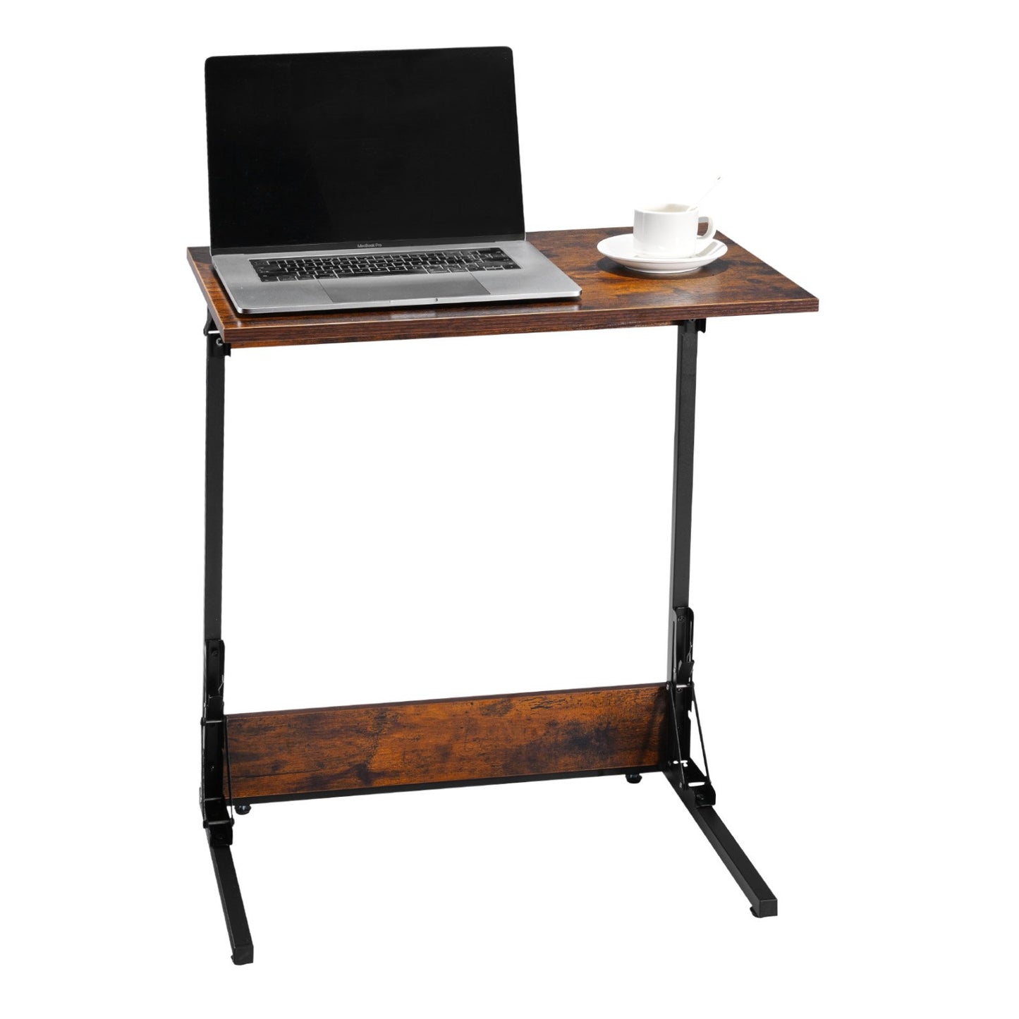 C Table, Folding C Shaped End Table with Metal Frame & Adjustable Feet, Foldable C Shaped Side Table for Living Room Bedroom Office, 23.62 x 14.57 x 27.56 inch C Shaped TV Tray, Brown and Black