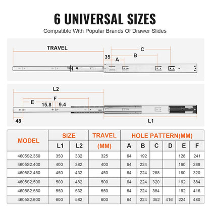 Heavy Duty 0.5m Drawer Slides, Soft-Close, 45.4kg Capacity, 10 Pairs