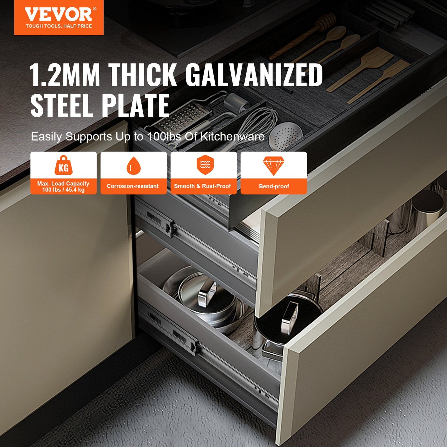 VEVOR 6 Pairs of 558.8mm Drawer Slides Side Mount Rails, Heavy Duty Full Extension