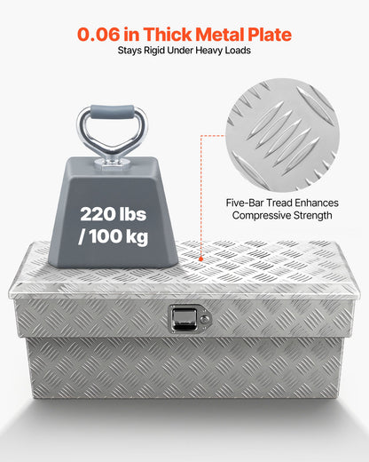 Truck Bed Tool Box, Heavy Duty Aluminum Tool Box with Tread Patterns, Storage Toolbox Chest Organizer with Lock and Key, Ideal for Pickup, Truck Bed, RV, Trailer, 864 x 305 x 390 mm, Silver