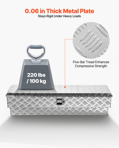 Truck Bed Tool Box, Heavy Duty Aluminum Tool Box with Tread Patterns, Storage Toolbox Chest Organizer with Lock and Key, Ideal for Pickup, Truck Bed, RV, Trailer, 1219 x 340 x 330 mm, Silver