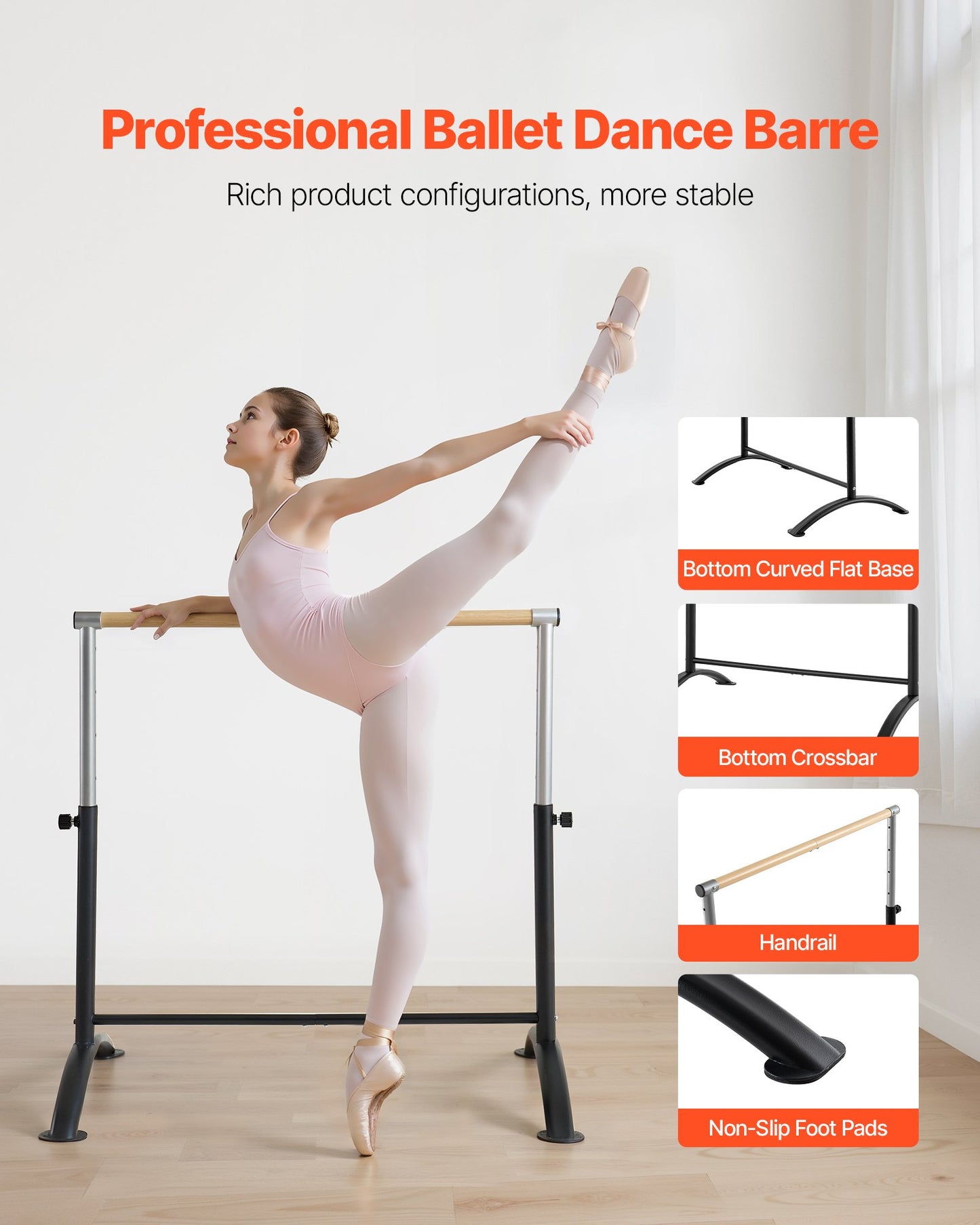 Ballet Barre, Barre Bar for Home, Freestanding Portable Ballet Stretching Dance Bars, Height Adjustable Anti-Wobble Fitness Gym Studio Equipment, for Pilates Balance Workout
