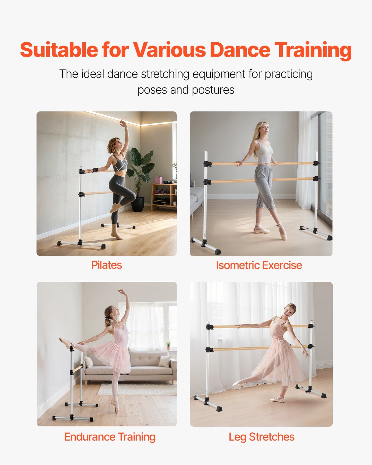 Ballet Barre, Double Beechwood Barre Bar for Home, Freestanding Portable Ballet Stretching Dance Bars, Height Adjustable Anti-Wobble Fitness Gym Equipment, for Pilates Balance Workout
