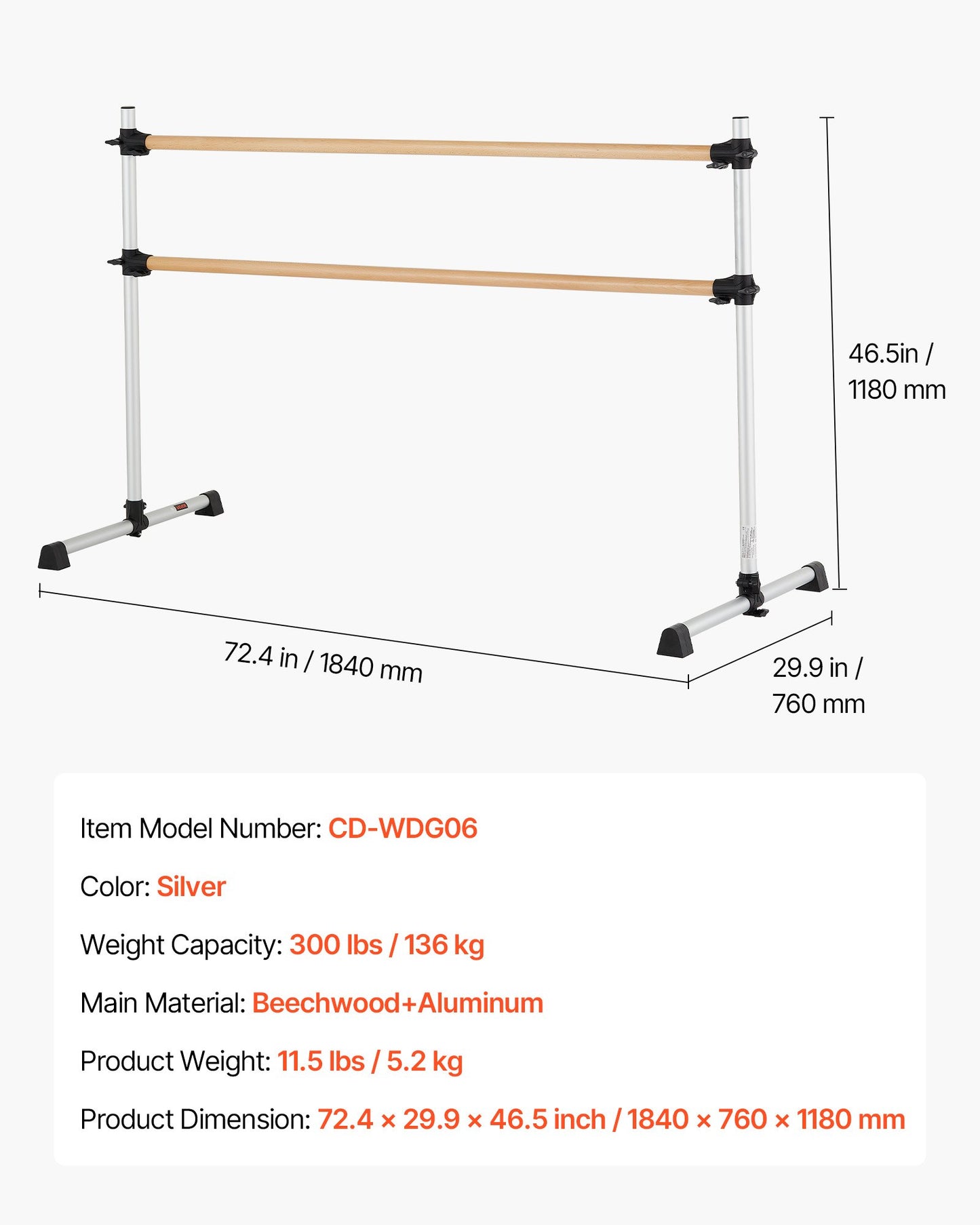 Ballet Barre, Double Beechwood Barre Bar for Home, Freestanding Portable Ballet Stretching Dance Bars, Height Adjustable Anti-Wobble Fitness Gym Equipment, for Pilates Balance Workout