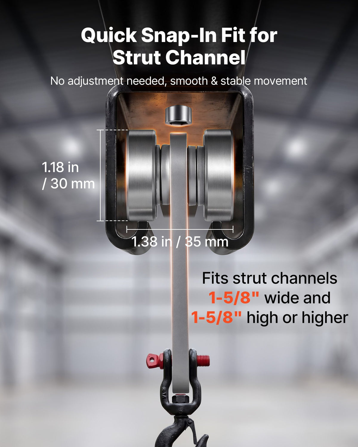 4 Wheel Trolley Assembly Rollers, 4 Pcs 499 kg Load, Dual Bearing Trolley Assembly for 1-5/8" Wide and All 1-5/8" or Taller Strut Channel, Heavy Duty Sliding Track System for Warehouse Garage