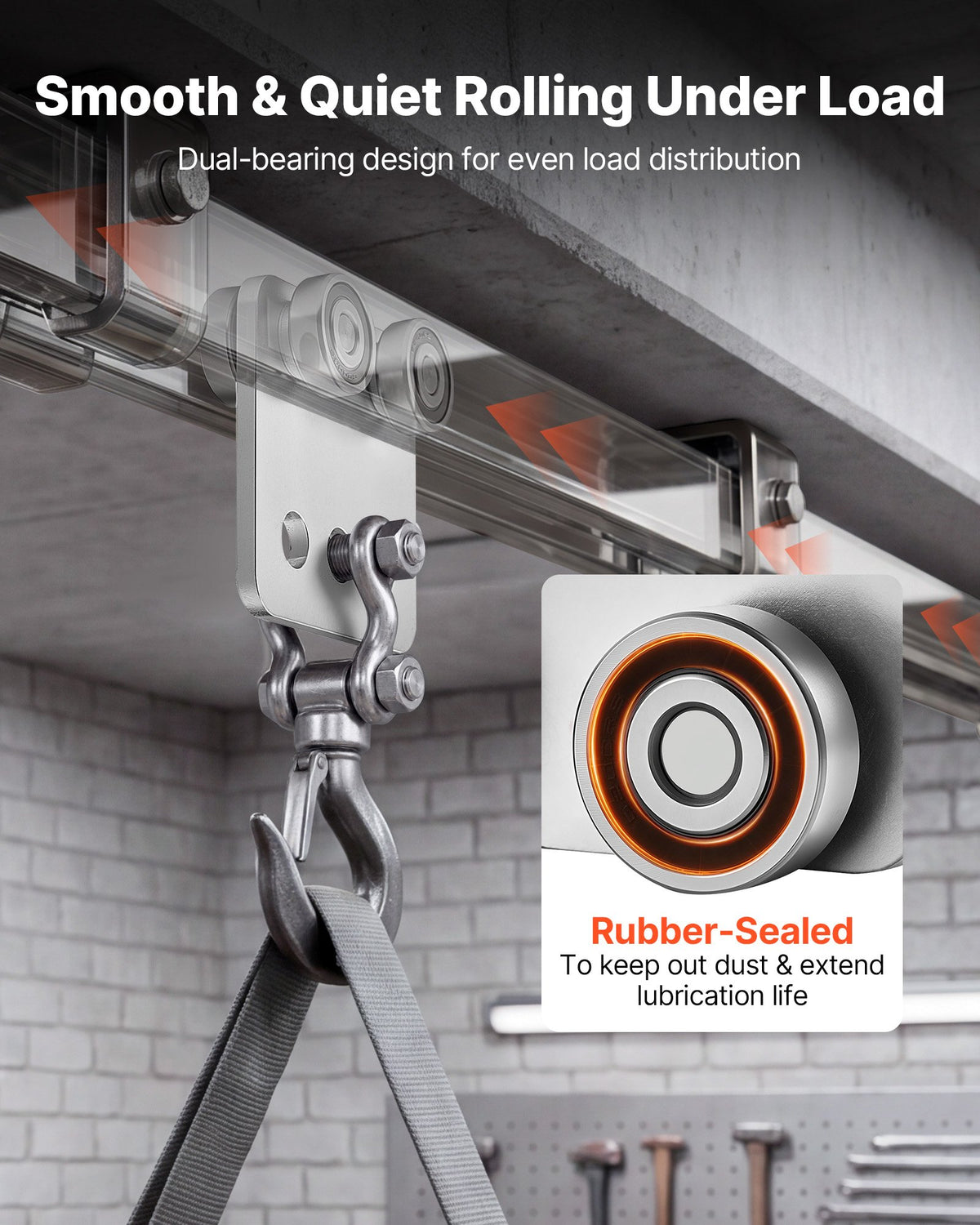 4 Wheel Trolley Assembly Rollers, 4 Pcs 499 kg Load, Dual Bearing Trolley Assembly for 1-5/8" Wide and All 1-5/8" or Taller Strut Channel, Heavy Duty Sliding Track System for Warehouse Garage
