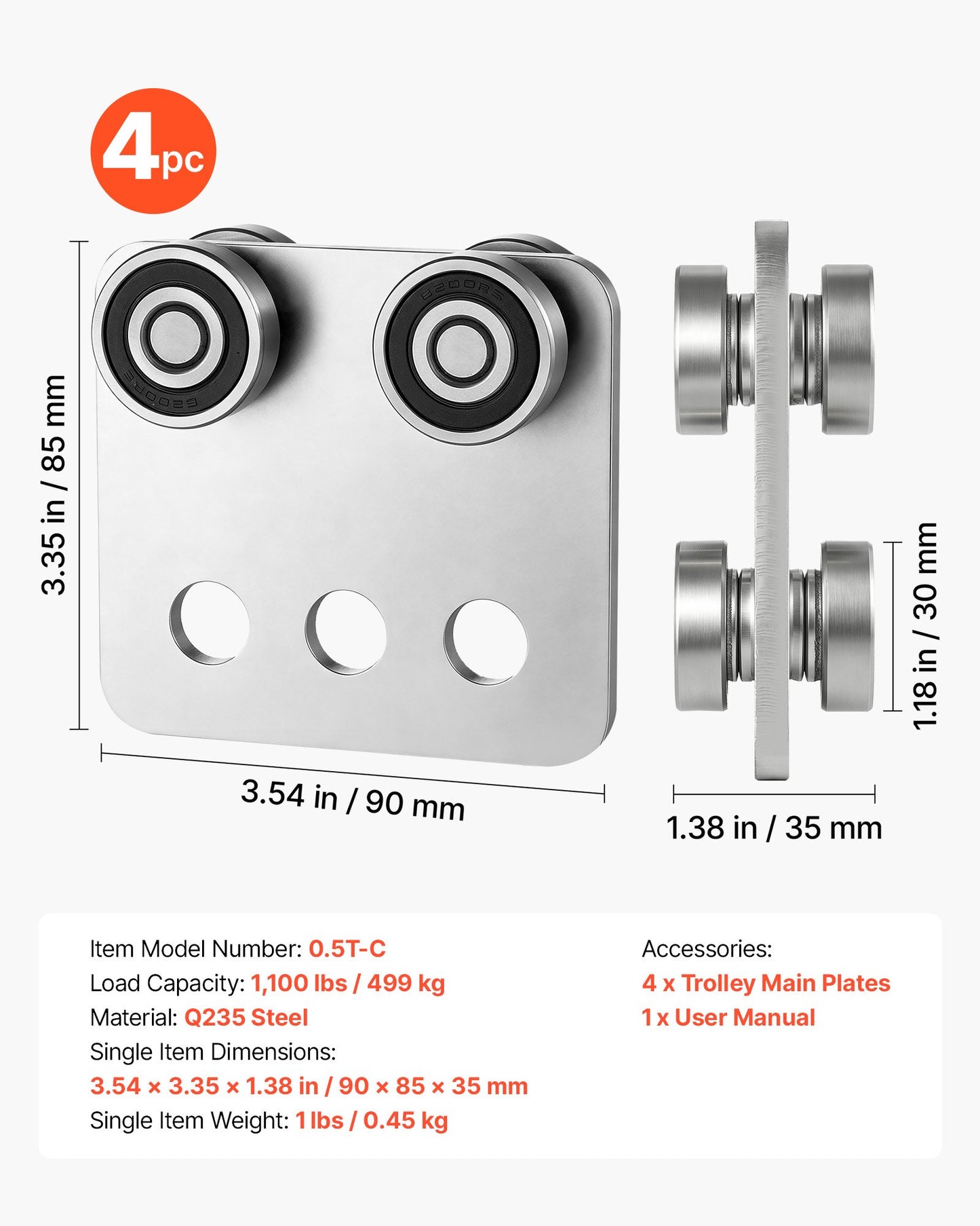 4 Wheel Trolley Assembly Rollers, 4 Pcs 499 kg Load, Dual Bearing Trolley Assembly for 1-5/8" Wide and All 1-5/8" or Taller Strut Channel, Heavy Duty Sliding Track System for Warehouse Garage