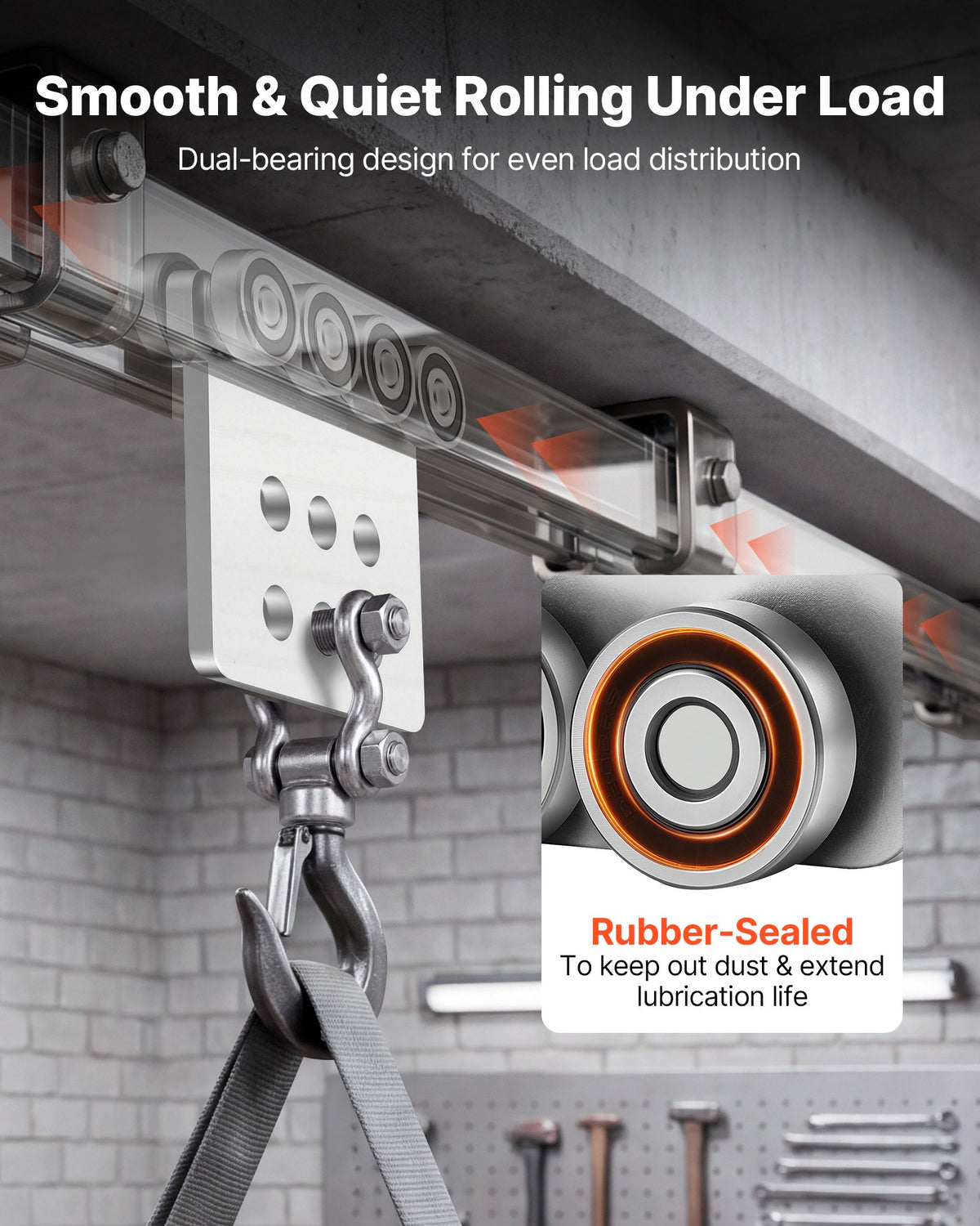 8 Wheel Trolley Assembly Rollers, 4 Pcs 1361 kg Load, Dual Bearing Trolley Assembly for 1-5/8" Wide and All 1-5/8" or Taller Strut Channel, Heavy Duty Sliding Track System for Warehouse Garage