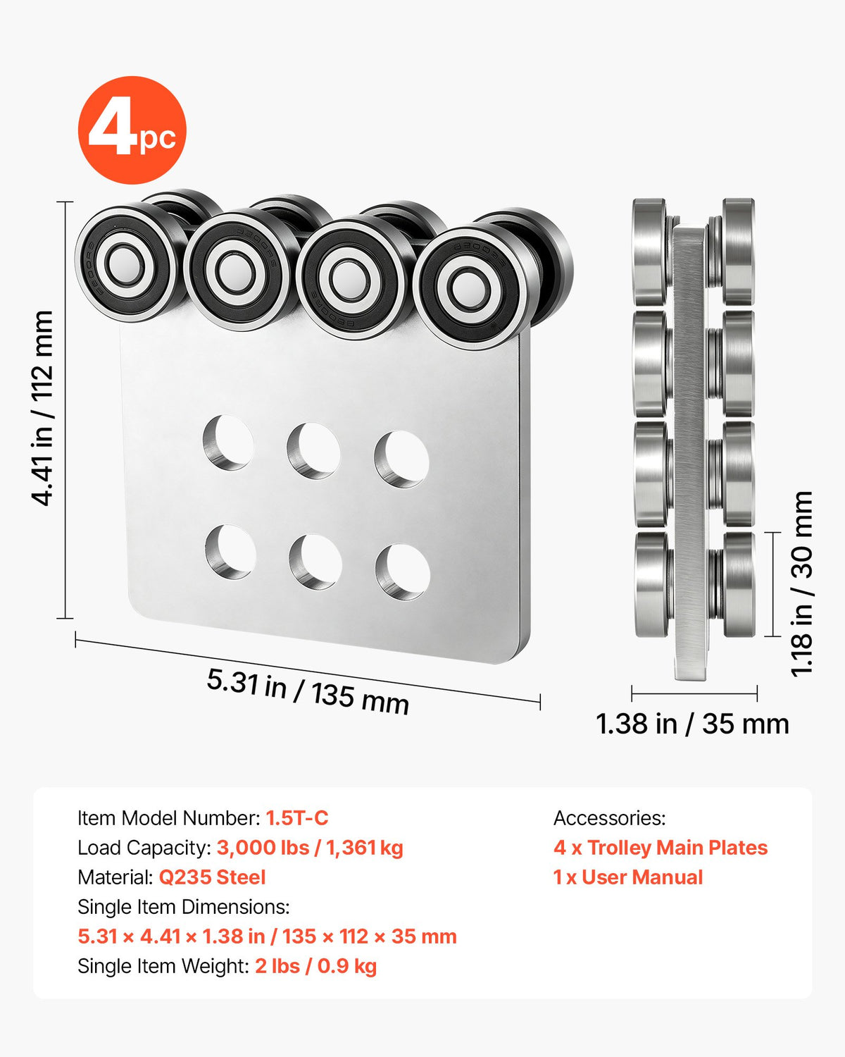 8 Wheel Trolley Assembly Rollers, 4 Pcs 1361 kg Load, Dual Bearing Trolley Assembly for 1-5/8" Wide and All 1-5/8" or Taller Strut Channel, Heavy Duty Sliding Track System for Warehouse Garage
