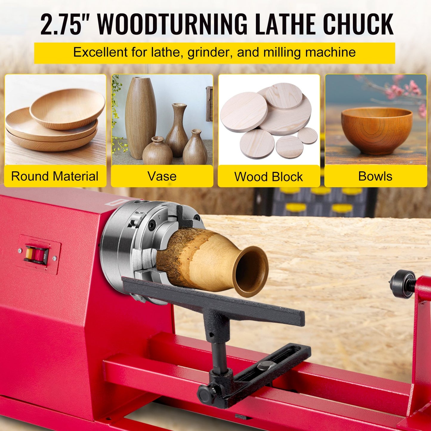 VEVOR 2.75" Mini Lathe Chuck 4 Jaw Self-Centering 1In x 8TPI Thread 3/4-16 TPI