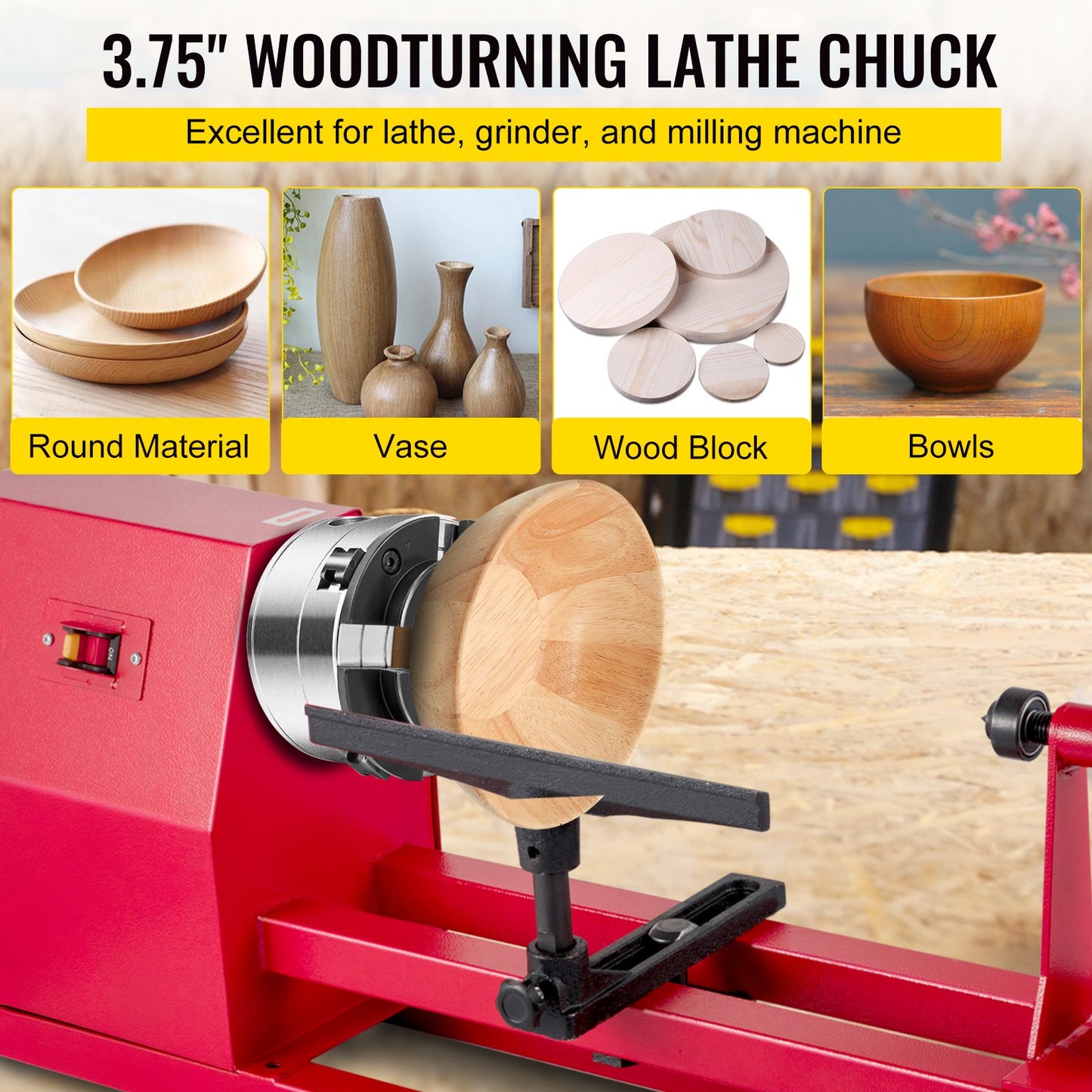 VEVOR Wood Lathe Chuck, 3.75" Woodturning Chuck, 4-Jaw Gear Chuck, 1In x 8TPI Thread