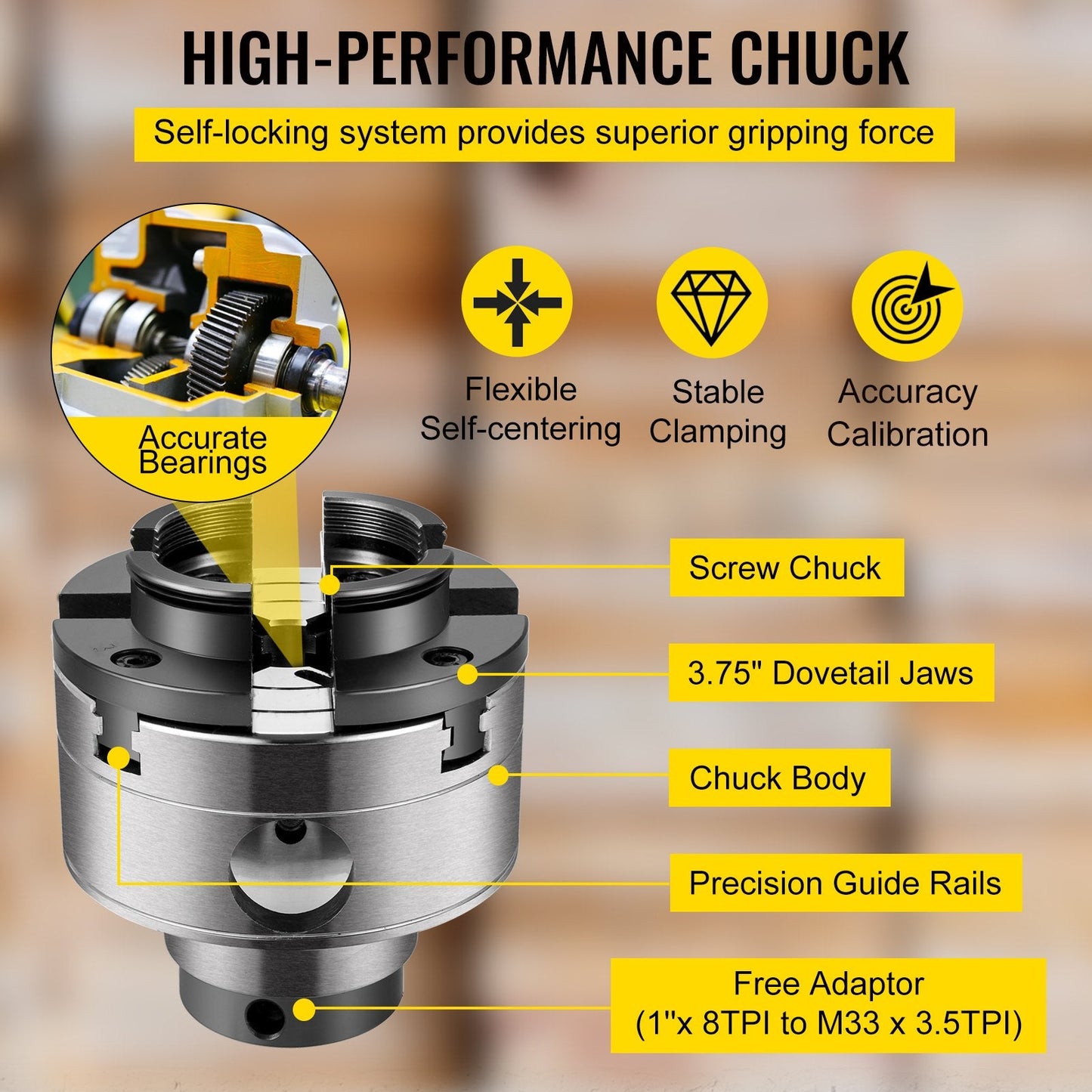 Precision 4-Jaw Woodturning Chuck, Self-Centering, 95mm Diameter, 1m x 8TPI Thread