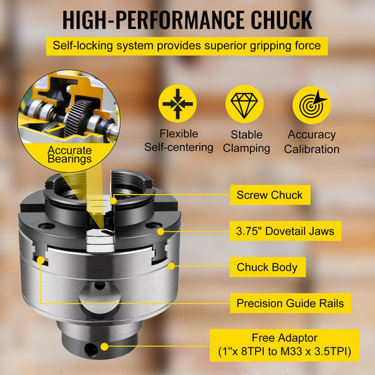 Precision 4-Jaw Woodturning Chuck, Self-Centering, 95mm Diameter, 1m x 8TPI Thread
