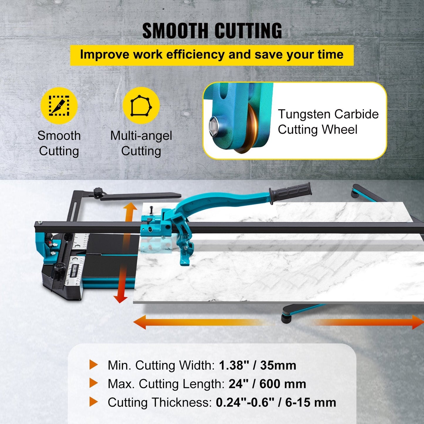 24-inch Tile Cutter with Laser Guide, Single Rail & Dual Brackets, 6-15mm Thick