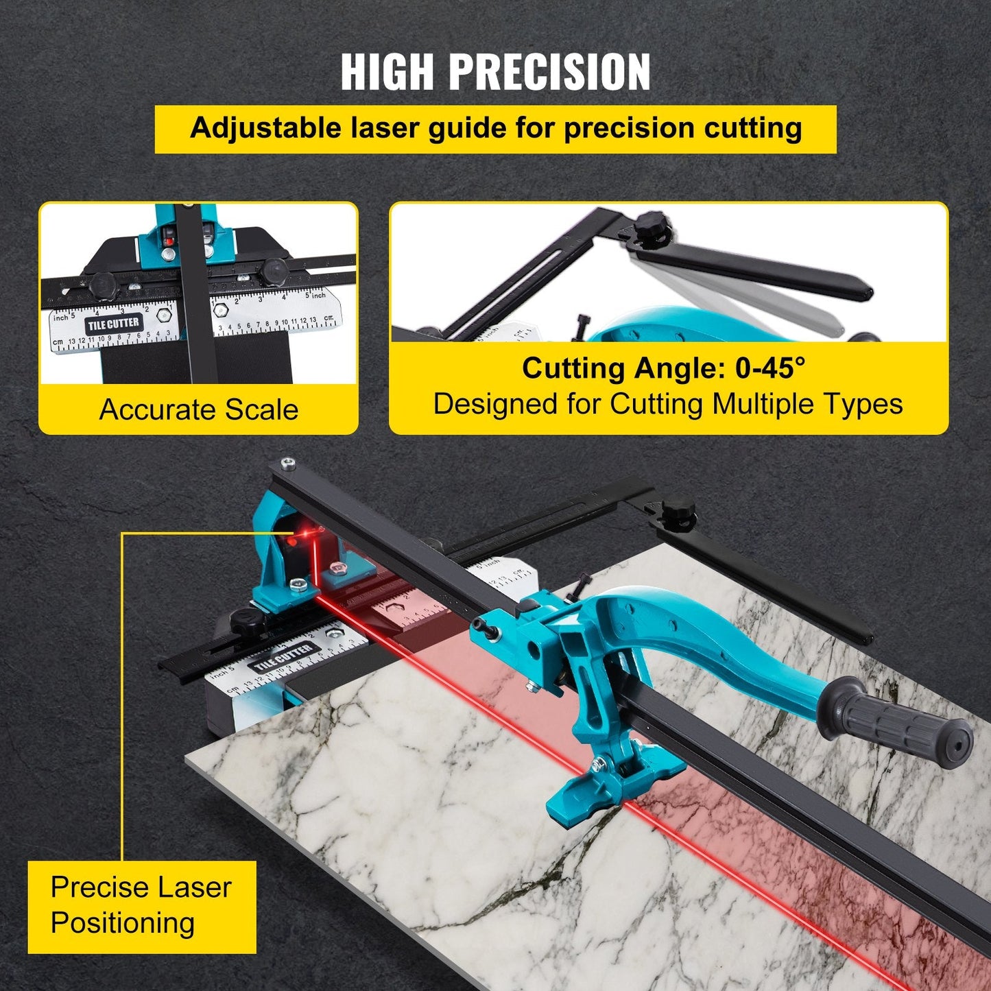 24-inch Tile Cutter with Laser Guide, Single Rail & Dual Brackets, 6-15mm Thick