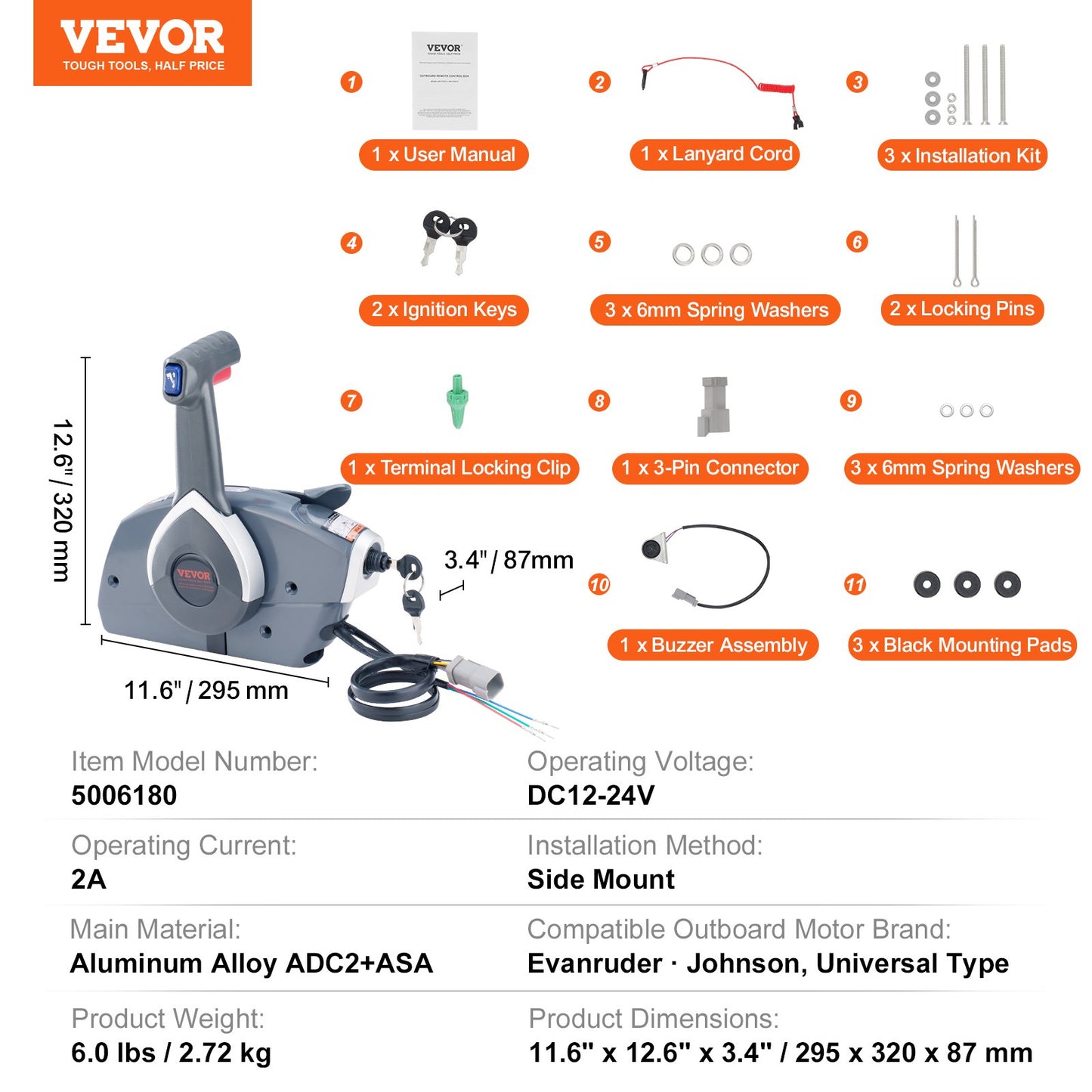VEVOR Boat Throttle Control, 5006180 Side-Mounted Outboard Remote Control Box for