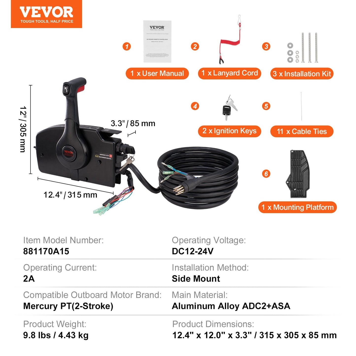 Boat Throttle Control for Mercury PT, Side-Mounted Remote with 5m Harness