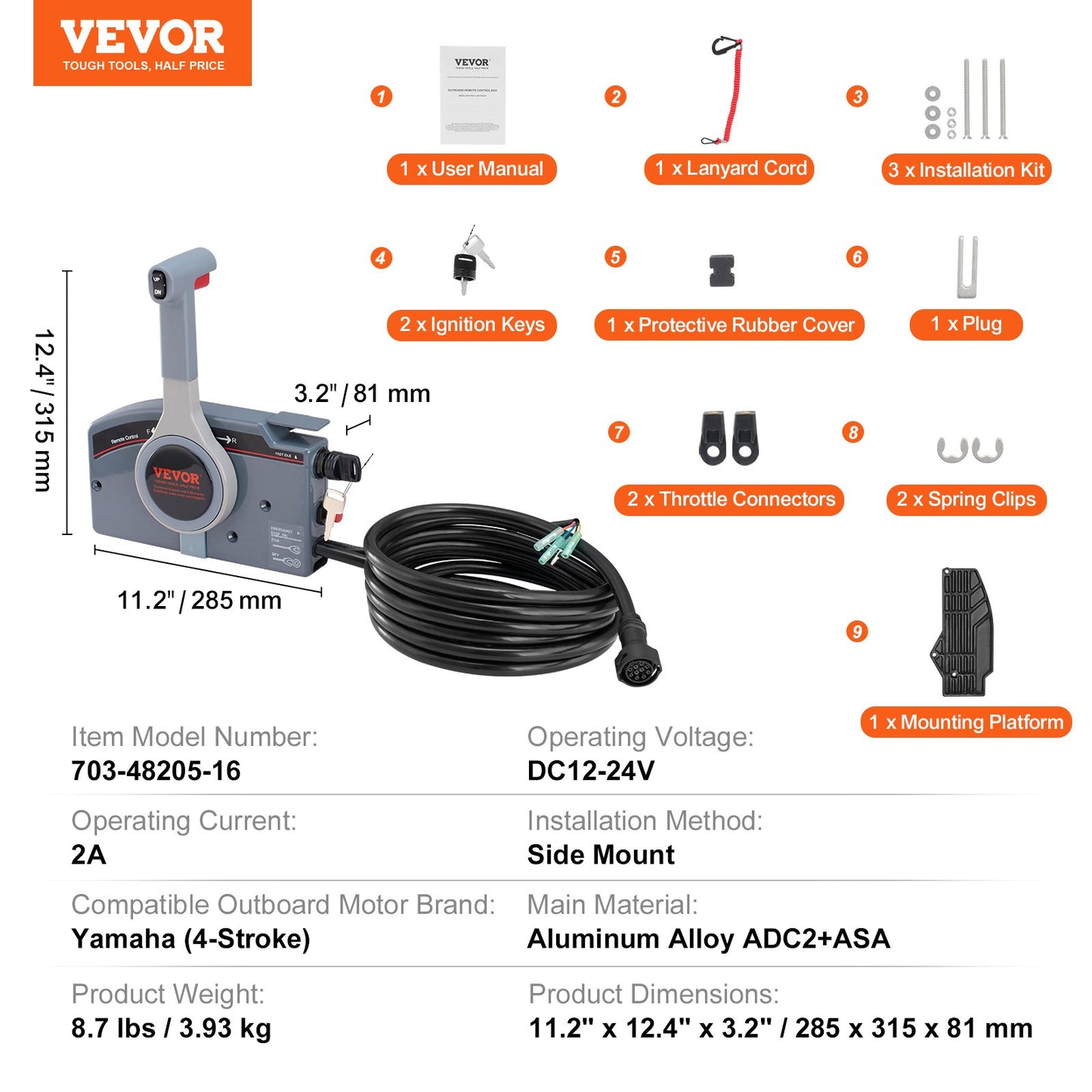 VEVOR Boat Throttle Control, 703-48205-16 Side-Mounted Outboard Remote Control Box