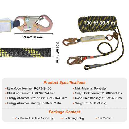 Vertical Lifeline Assembly 0.55m x 30.5m, 30KN Fall Protection Rope